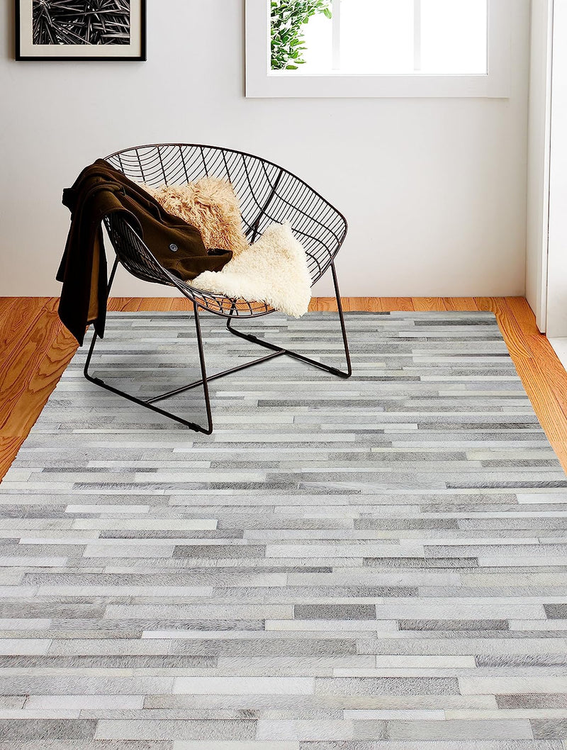 HIDE STRIPE DESIGN SILVER LEATHER AREA RUG PATCHWORK - Alef home
