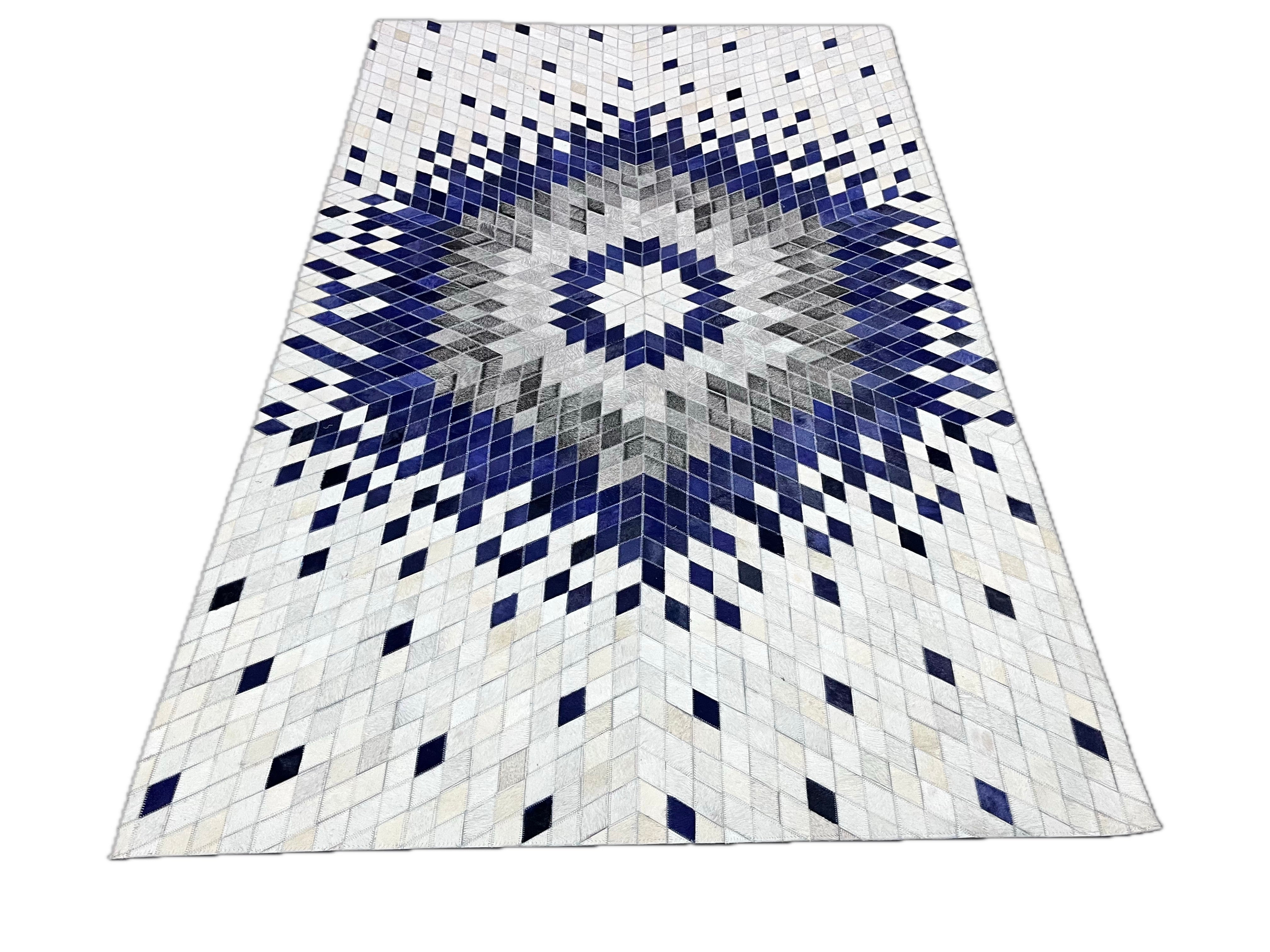 CHEVRON DESIGN BLUE/WHITE LEATHER RUG