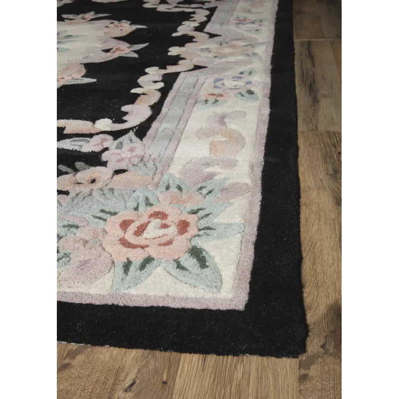 EXQUISITE HANDMADE AUBUSSON DESIGN RUG Hand Tufted Woolen Rugs Black Colour