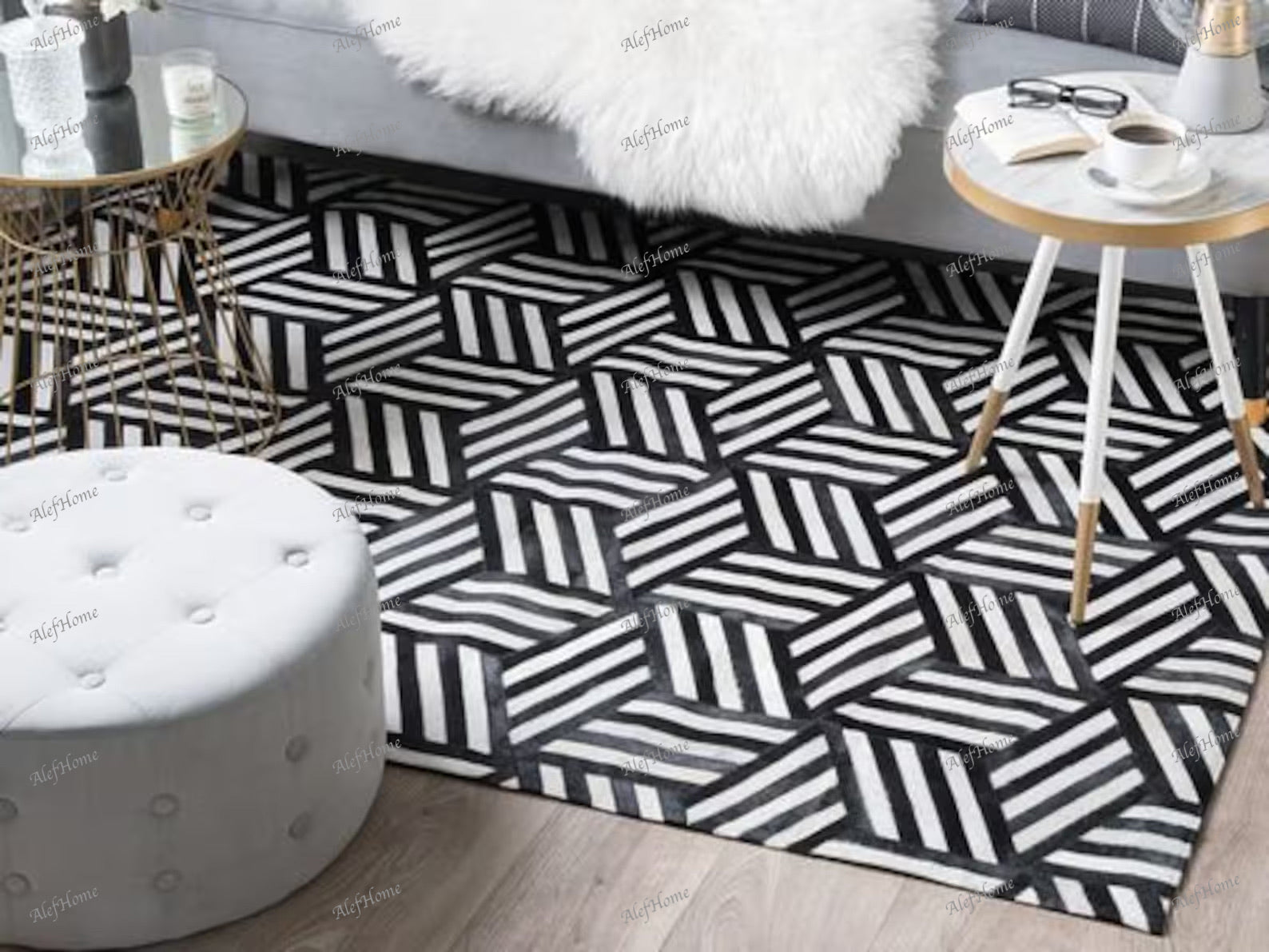 HANDMADE LEATHER RUG BLACK/WHITE - Alef home