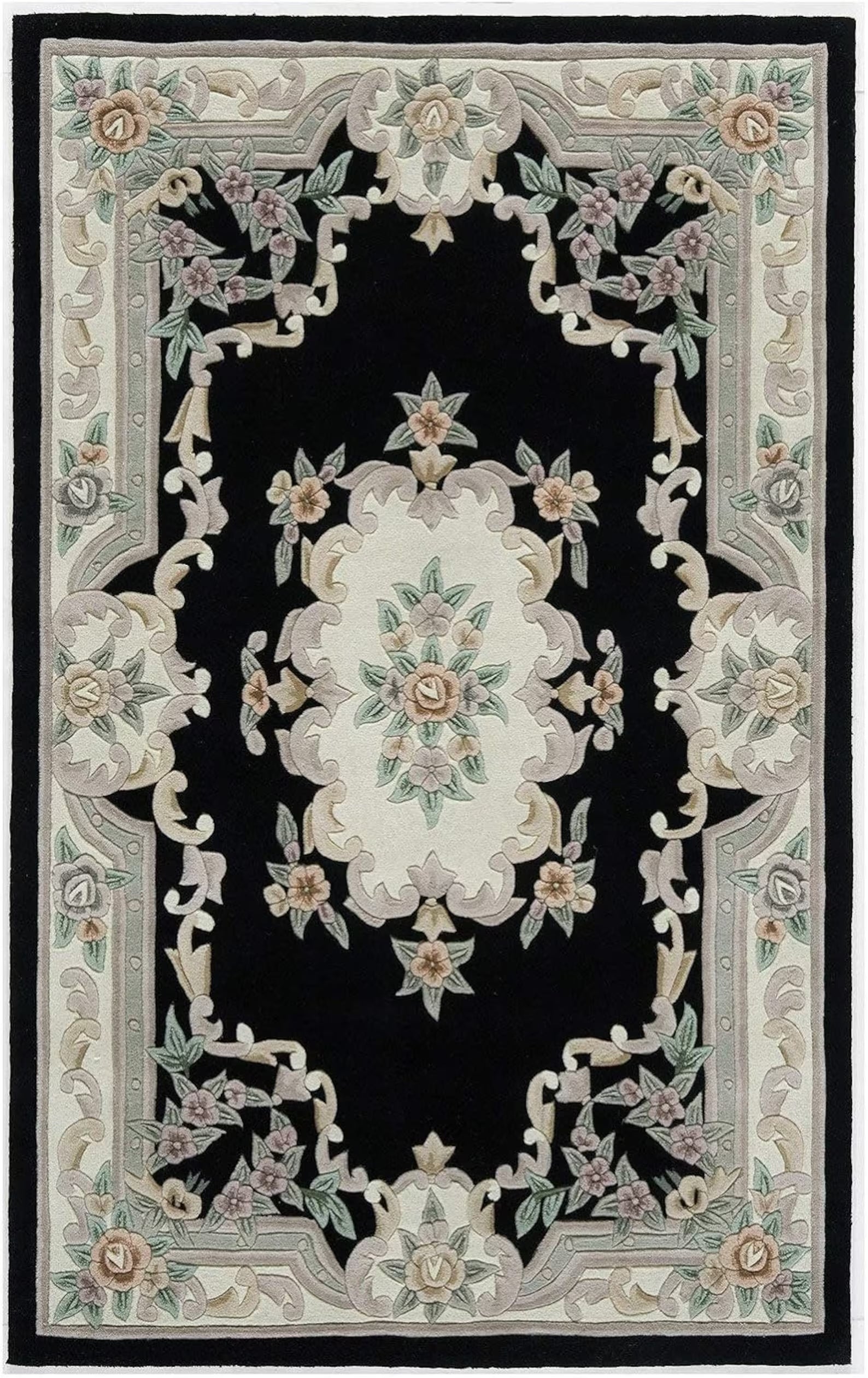 EXQUISITE HANDMADE AUBUSSON DESIGN RUG Hand Tufted Woolen Rugs Black Colour