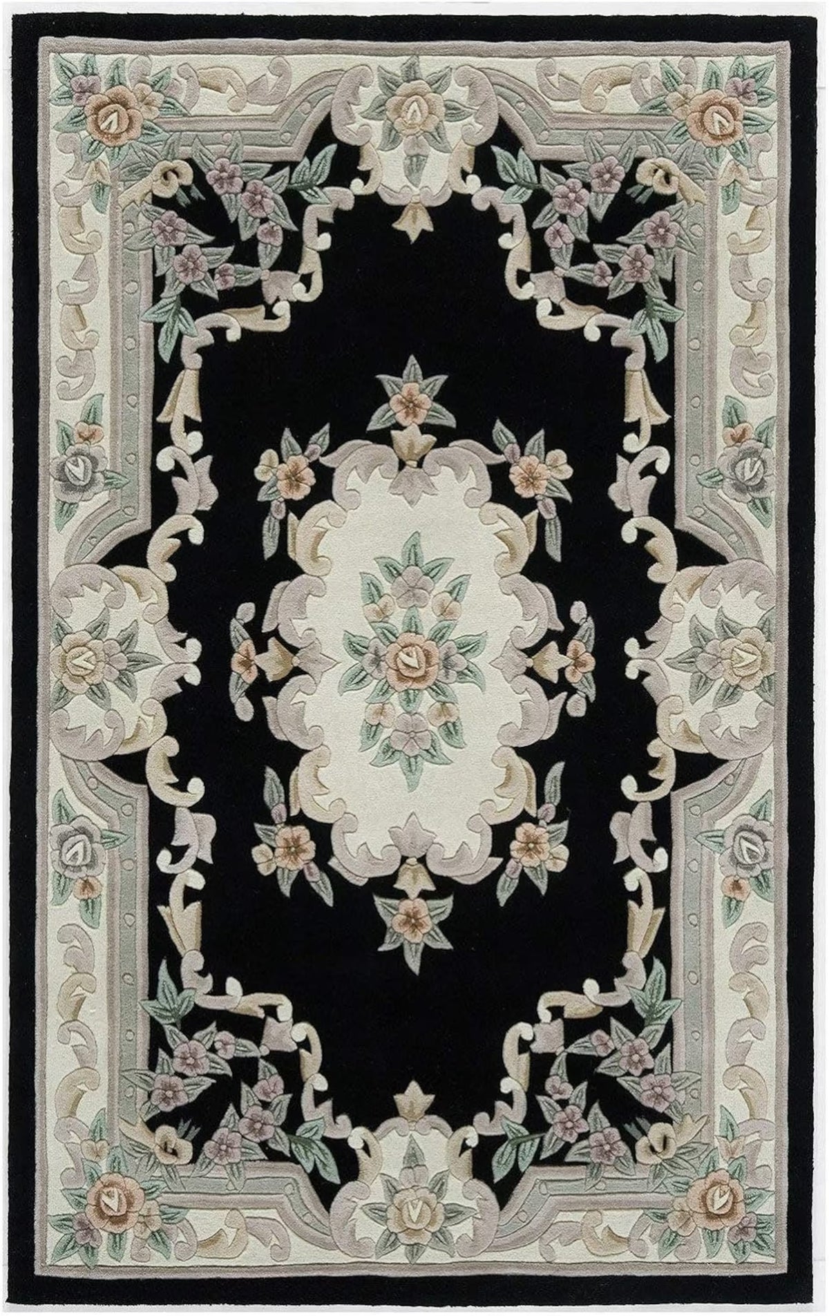 EXQUISITE HANDMADE AUBUSSON DESIGN RUG Hand Tufted Woolen Rugs Black Colour - Alef home