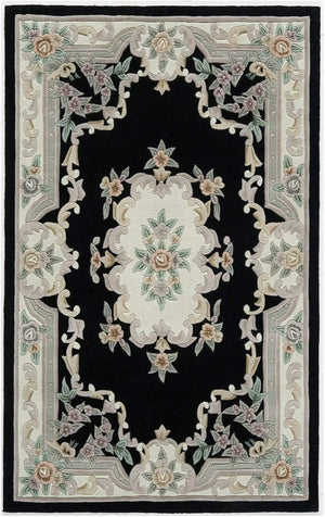 EXQUISITE HANDMADE AUBUSSON DESIGN RUG Hand Tufted Woolen Rugs Black Colour - Alef home