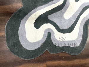 Grey White Abstract Irregular Wool Rug – Hand-Tufted Wavy Sahaped Carpet for Home - Alef home