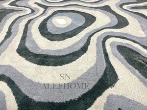 Grey White Abstract Irregular Wool Rug – Hand-Tufted Wavy Sahaped Carpet for Home - Alef home