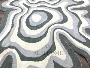 Grey White Abstract Irregular Wool Rug – Hand-Tufted Wavy Sahaped Carpet for Home - Alef home