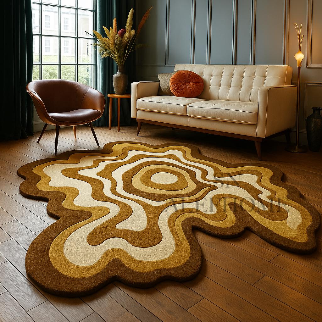 Hand-Tufted Wool Irregular Area Rug – Brown Beige Abstract Modern Carpet for Home - Alef home