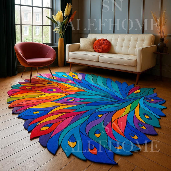 Handmade Peacock Design Wool Rug – Artistic Hand Tufted Rug For Living Room - Alef home