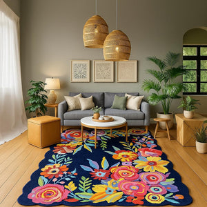 Navy Blue Floral Wool Rug – Hand-Tufted Carpet with Scalloped Edge for Home Décor
