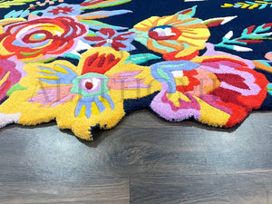 Navy Blue Floral Wool Rug – Hand-Tufted Carpet with Scalloped Edge for Living Room Decor - Alef home