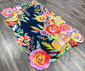 Navy Blue Floral Wool Rug – Hand-Tufted Carpet with Scalloped Edge for Home Décor