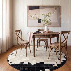Round Cowhide Patchwork Rug – Handmade Black White Natural Hair-On Leather Carpet for Home Decor - Alef home