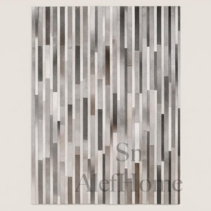 Handcrafted Grey Cowhide Rug 8x10 – Modern Striped Hair-On Leather Patchwork Carpet for Living Room - Alef home