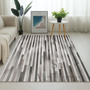 Handcrafted Grey Cowhide Rug 8x10 – Modern Striped Hair-On Leather Patchwork Carpet for Living Room - Alef home