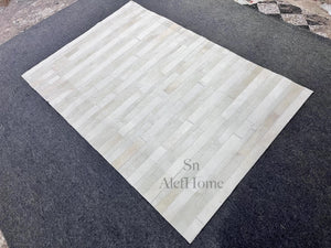 Ivory White Striped Cowhide Rug – Handmade Hair-On Patchwork Leather Area Carpet for Modern Home - Alef home
