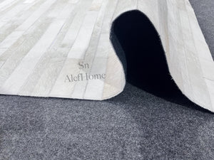 Ivory White Striped Cowhide Rug: Handmade Patchwork Hair-On Leather Carpet For Home
