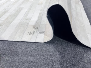 Ivory White Striped Cowhide Rug – Handmade Hair-On Patchwork Leather Area Carpet for Modern Home - Alef home
