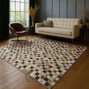 Checkerboard Cowhide Rug – Handmade Hair-On Leather Patchwork Carpet for Modern Room Décor - Alef home