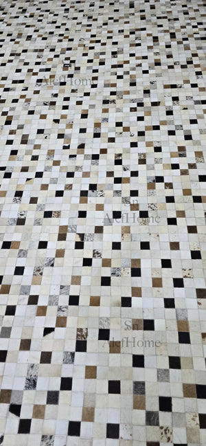 Multi Checkerboard Cowhide Rug – Handmade Hair-On Leather Patchwork Carpet for Modern Home Décor - Alef home