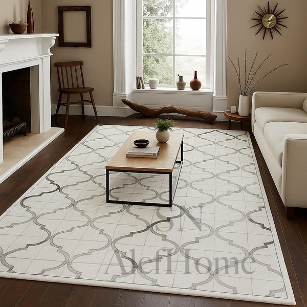 White Cowhide Patchwork Rug – Geometric Hair-On Leather Statement Carpet for Modern Home Décor - Alef home