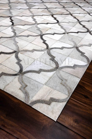 White Cowhide Patchwork Rug – Geometric Hair-On Leather Statement Carpet for Modern Home Décor