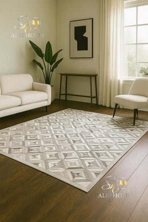 Grey Cowhide Patchwork Rug – Handmade Geometric Hair-On Leather Carpet for Modern Home Decor - Alef home