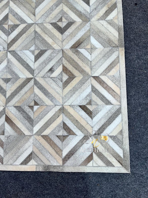 Grey Cowhide Patchwork Rug – Handmade Geometric Hair-On Leather Carpet for Modern Home Decor - Alef home