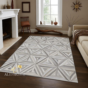 Grey Cowhide Starburst Rug – Handmade Hair-On Leather Patchwork Carpet for Modern Home Décor