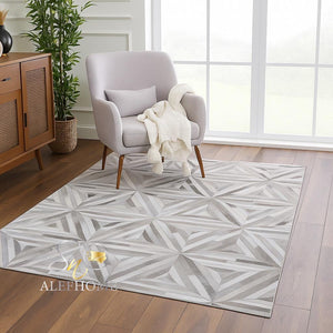 Grey Cowhide Starburst Rug – Handmade Hair-On Leather Patchwork Carpet for Modern Home Décor
