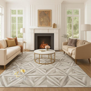 Grey Cowhide Starburst Rug – Handmade Hair-On Leather Patchwork Carpet for Modern Home Décor