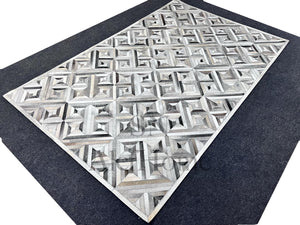 Grey Cowhide Patchwork Rug – Handmade Geometric Hair-On Leather Carpet for Modern Home Decor - Alef home