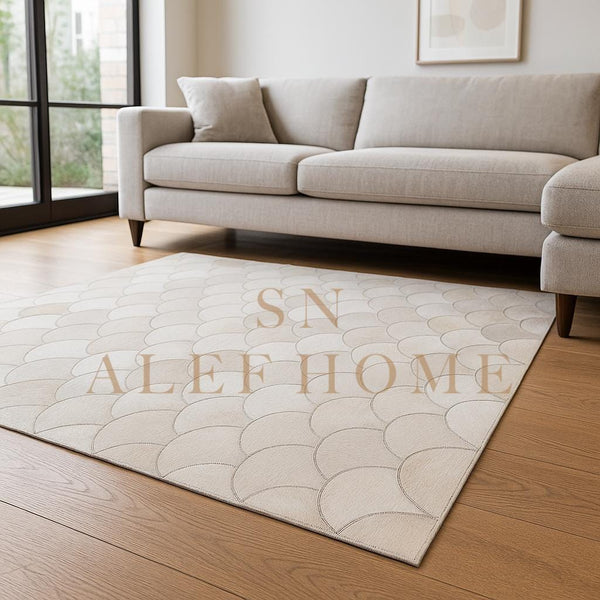 Half-Moon Design Cowhide Rug – Handmade Hair-On Leather Patchwork Carpet for Modern Home Decor - Alef home