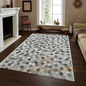 Hexagon Cowhide Patchwork Rug – Handmade Modern Hair-On Leather Geometric Carpet for Home Décor