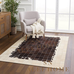 Handmade Geometric Cowhide Rug – Rustic Hair-On Patchwork LeatherCarpet for Home Decor