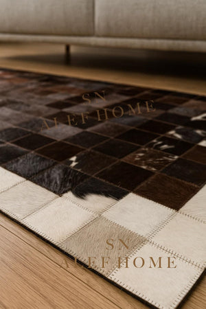Handmade Geometric Cowhide Rug – Rustic Hair-On Patchwork LeatherCarpet for Home Decor - Alef home