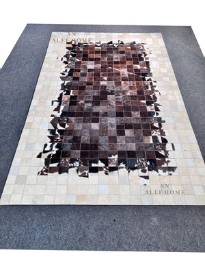 Handmade Geometric Cowhide Rug – Rustic Hair-On Patchwork LeatherCarpet for Home Decor