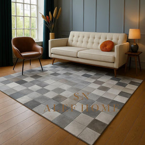 Handmade Gray Cowhide Patchwork Rug - Modern Hair-On Leather Carpet