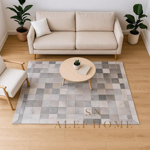 Handmade Gray Cowhide Patchwork Rug - Modern Hair-On Leather Carpet