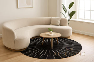 Black & Silver Cowhide Area Rug – Handmade Round Geometric Leather Patchwork Rug for Living Room - Alef home
