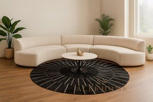 Black & Silver Cowhide Area Rug – Handmade Round Geometric Leather Patchwork Rug for Living Room - Alef home