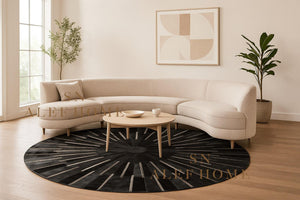 Black & Silver Cowhide Area Rug – Handmade Round Geometric Leather Patchwork Rug for Living Room