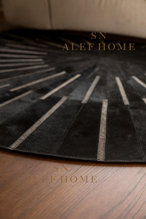 Black & Silver Cowhide Area Rug – Handmade Round Geometric Leather Patchwork Rug for Living Room - Alef home