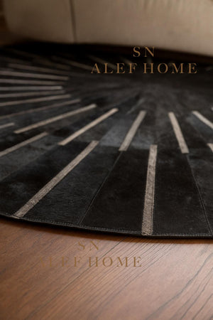 Black & Silver Cowhide Area Rug – Handmade Round Geometric Leather Patchwork Rug for Living Room