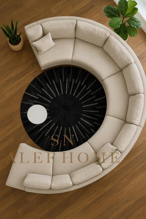 Black & Silver Cowhide Area Rug – Handmade Round Geometric Leather Patchwork Rug for Living Room - Alef home