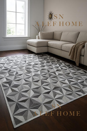 Modern Grey Cowhide Patchwork Rug: Hair-On Leather Design