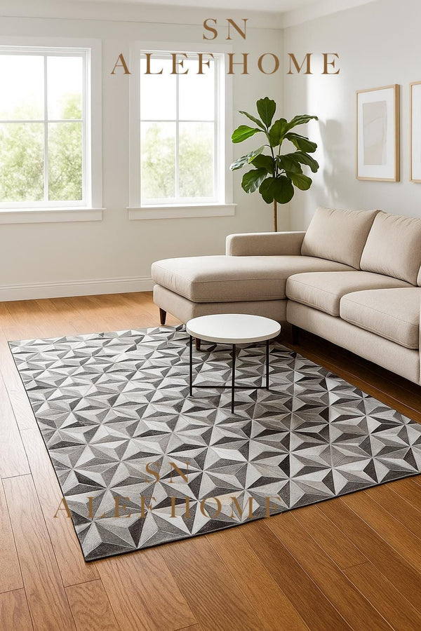 Modern Grey Cowhide Patchwork Rug: Hair-On Leather Design