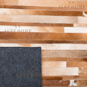 Handmade Beige Striped Cowhide Patchwork Rug : Hair-On Leather Carpet Modern Home Decor