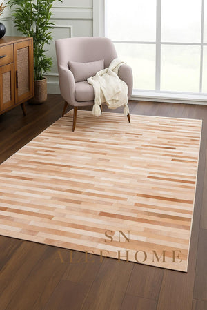 Handmade Beige Striped Cowhide Patchwork Rug : Hair-On Leather Carpet Modern Home Decor