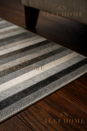 Handcrafted Grey Striped Cowhide Rug 8x10: Modern Patchwork Leather Carpet For Home