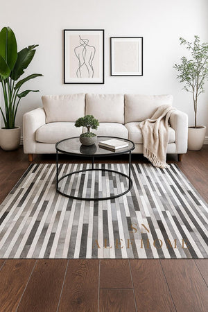 Handcrafted Grey Cowhide Rug 8x10 – Modern Striped Hair-On Leather Patchwork Carpet for Living Room - Alef home